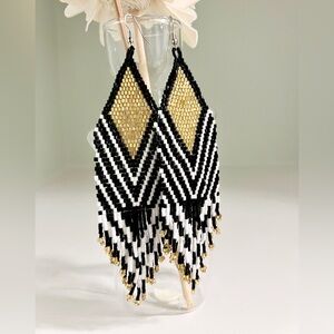 Magnificent and Jaw-Dropping Black and Gold Chevron Beaded Earrings